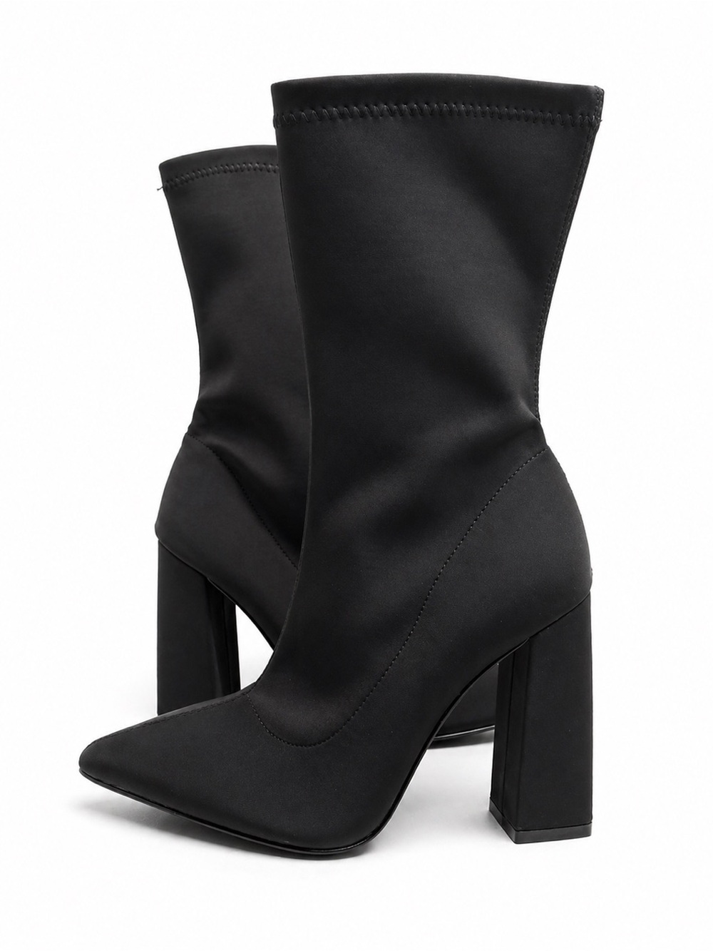Classic Black Stretch Pointed Toe Block Heel Ankle Boots